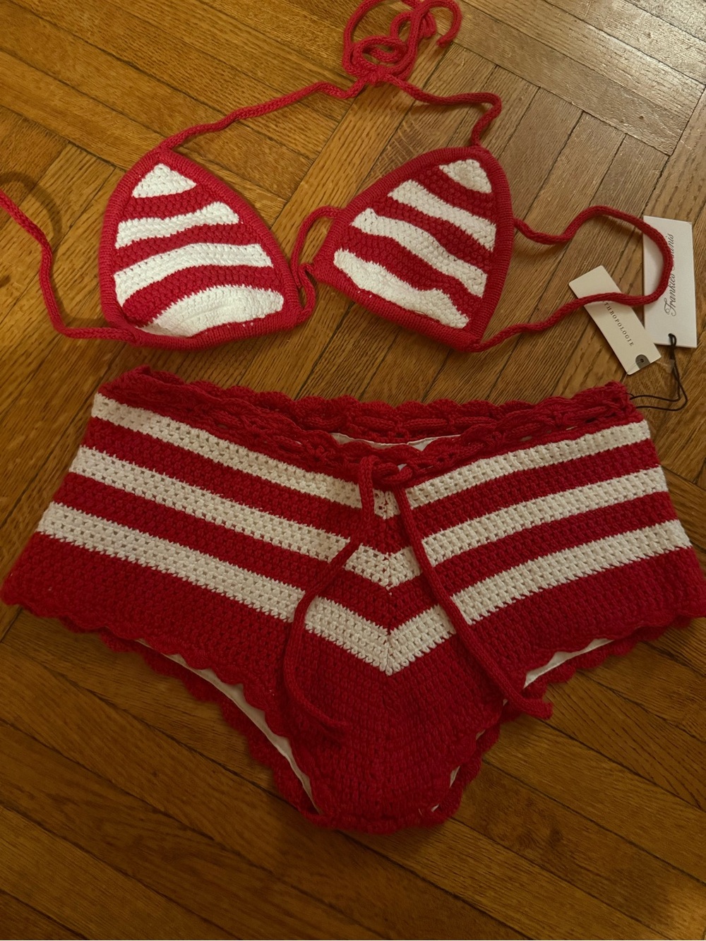 Frankie's Bikinis Red & White Crocheted Stripe Bikini Set